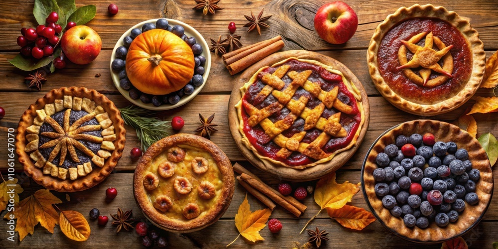 Fototapeta premium A Rustic Fall Feast with an Assortment of Pies, Including Blueberry, Cherry, and Pumpkin, Decorated with Autumn Leaves and Spices