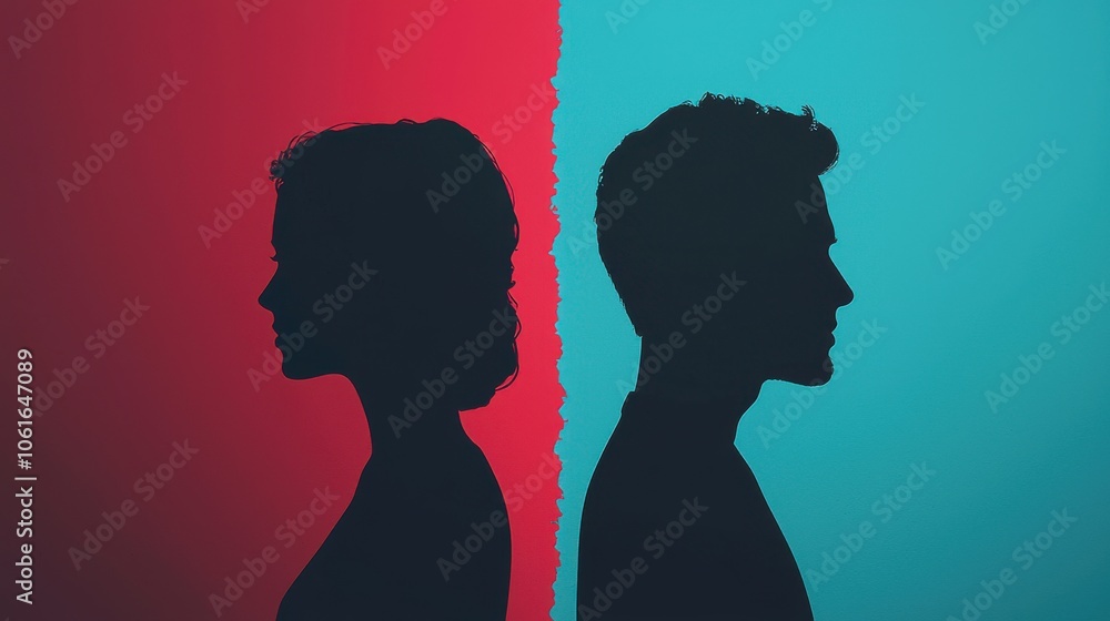 A illustration two silhouettes of a man and a woman, one on the left and one on the right, with red and blue background. Scene is one of tension and conflict A illustration two silhouettes of a man and a woman, one on the left and one on the right, with red and blue background. Scene is one of tension and conflict