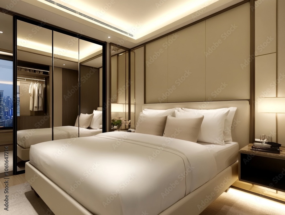 Fototapeta premium Modern Hotel Room with King Size Bed and City View.