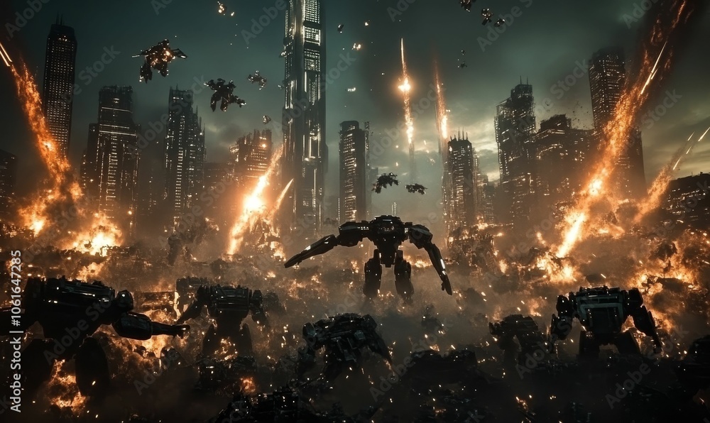 Fiery cityscape with giant robots. Fiery cityscape with giant robots.