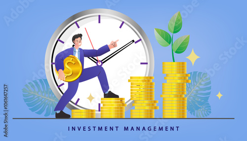 Time is the key to successful investment management. A smart businessman climbs the stairs of profit, using a long-term strategy to achieve financial growth and secure his retirement.