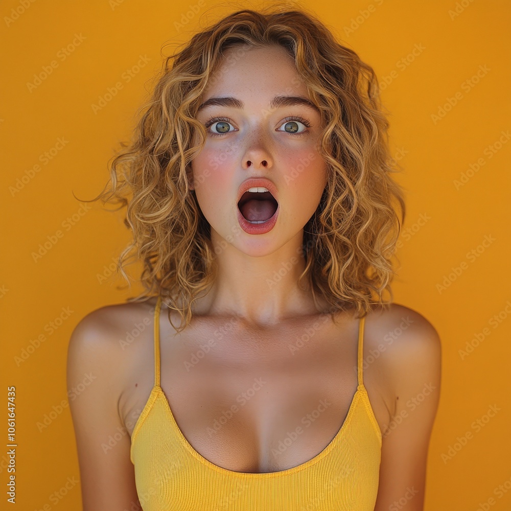 Shocked woman surprised by an unbelievable sale on an orange background Shocked woman surprised by an unbelievable sale on an orange background