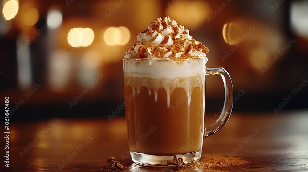 Pumpkin spice latte with whipped cream in autumnal setting Pumpkin spice latte with whipped cream in autumnal setting