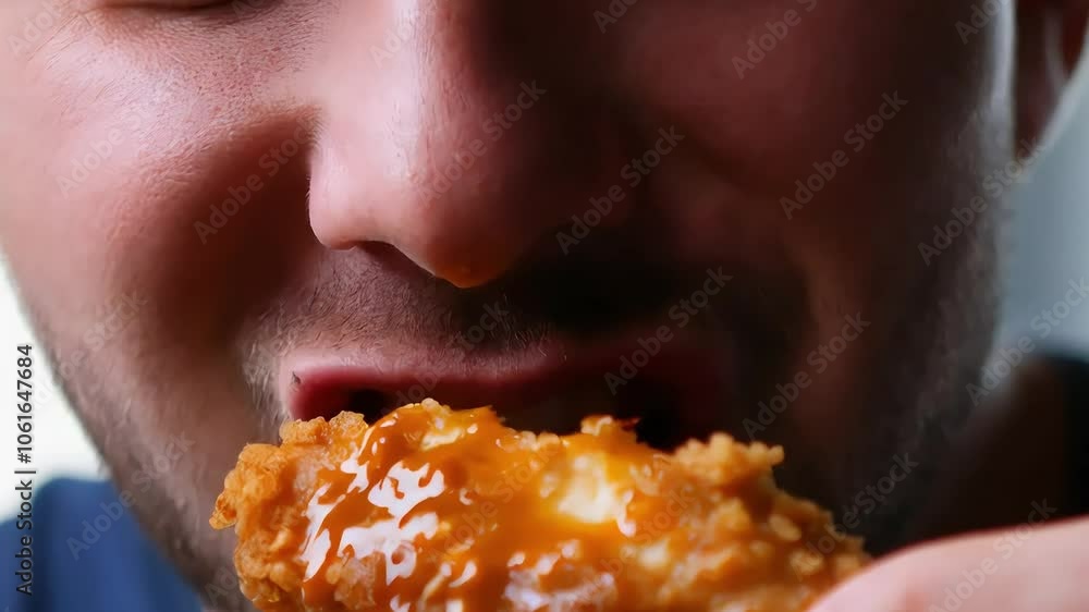 Man Eating on a crispy fried chicken wing, his face showing pure enjoyment with sauce on his lips. Man Eating on a crispy fried chicken wing, his face showing pure enjoyment with sauce on his lips.