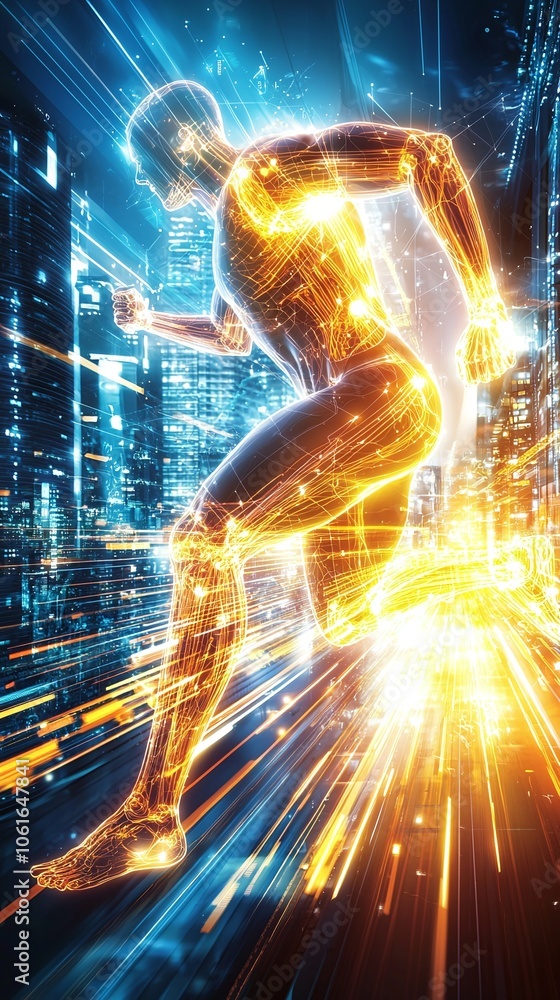 Digital Athlete Running Through City Lights. Digital Athlete Running Through City Lights.