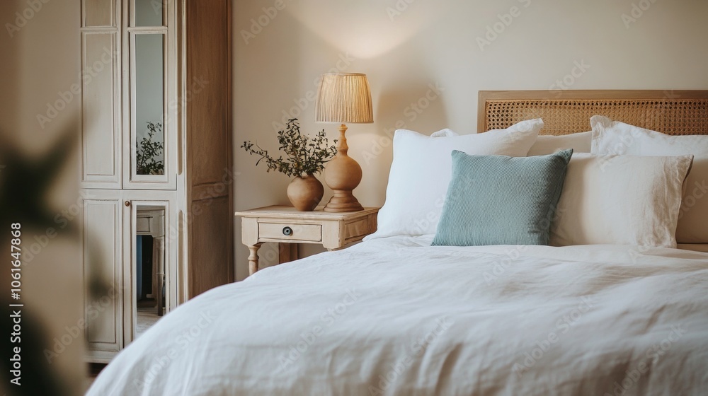 Minimalist Bedroom with White Bedding and Natural Light. Minimalist Bedroom with White Bedding and Natural Light.