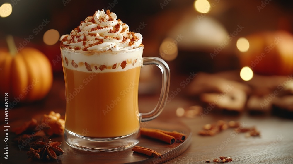 Pumpkin spice latte with whipped cream in autumnal setting Pumpkin spice latte with whipped cream in autumnal setting