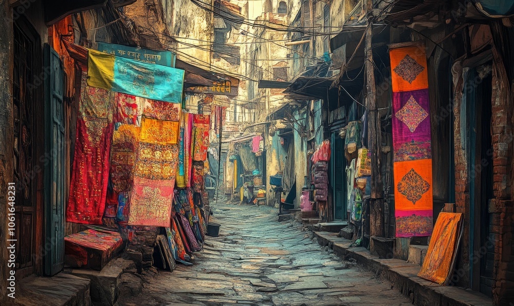 Fototapeta premium Narrow alleyway with colorful fabrics and stone floor.