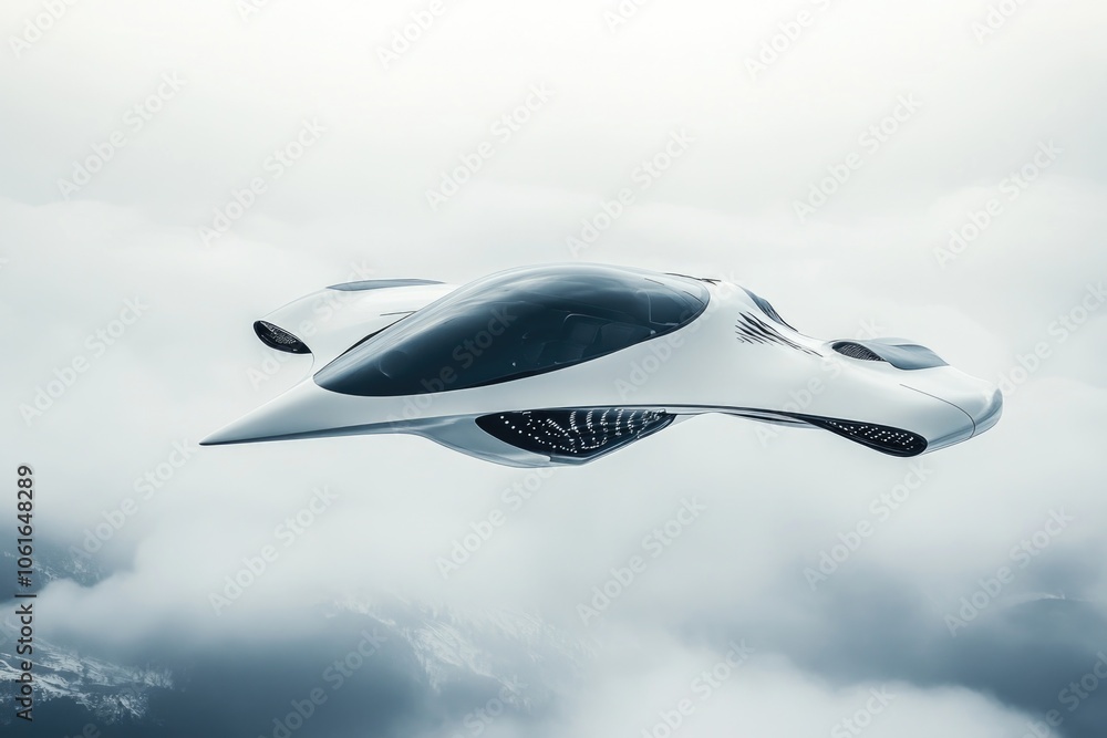 A futuristic flying car soaring through the clouds, with a blue sky and fluffy white clouds below A futuristic flying car soaring through the clouds, with a blue sky and fluffy white clouds below