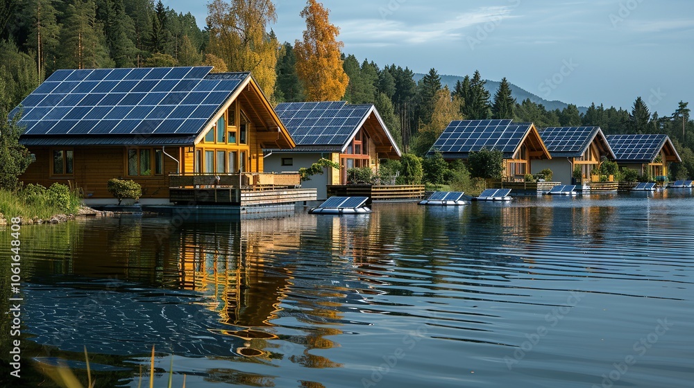 Fototapeta premium Scenic lakeside cabins with solar panels reflecting in calm waters.