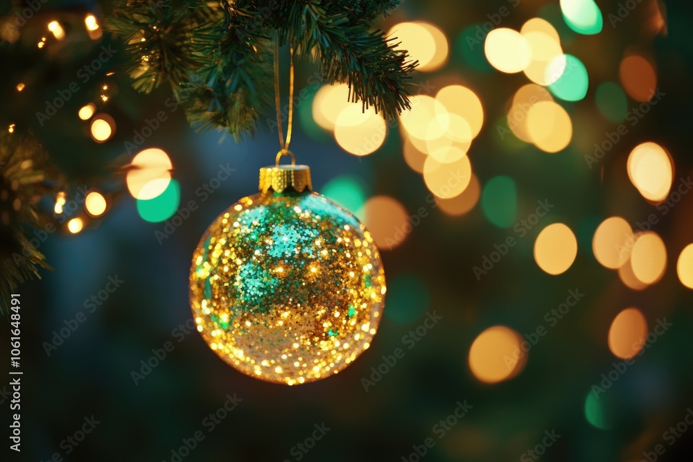A detailed view of a Christmas ornament hanging from a tree branch A detailed view of a Christmas ornament hanging from a tree branch