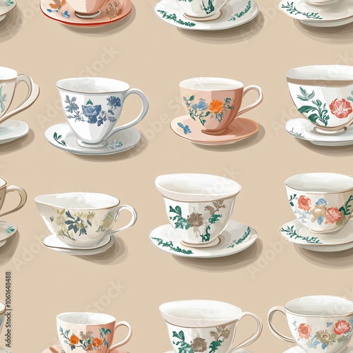 Vintage tea cups and saucers(Seamless Pattern and Tile image)