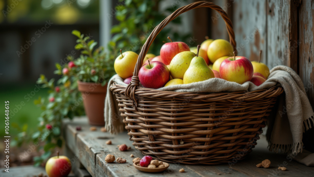 Fresh red and green apples in a woven basket on a rustic wooden table. Fresh red and green apples in a woven basket on a rustic wooden table.