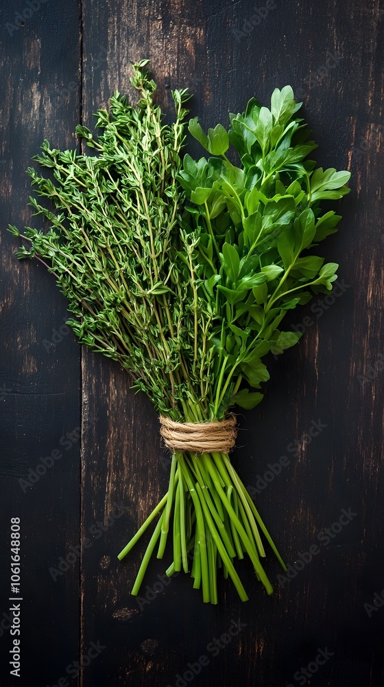 A bouquet of fresh herbs featuring thyme and leafy greens on a rustic wooden surface. A bouquet of fresh herbs featuring thyme and leafy greens on a rustic wooden surface.
