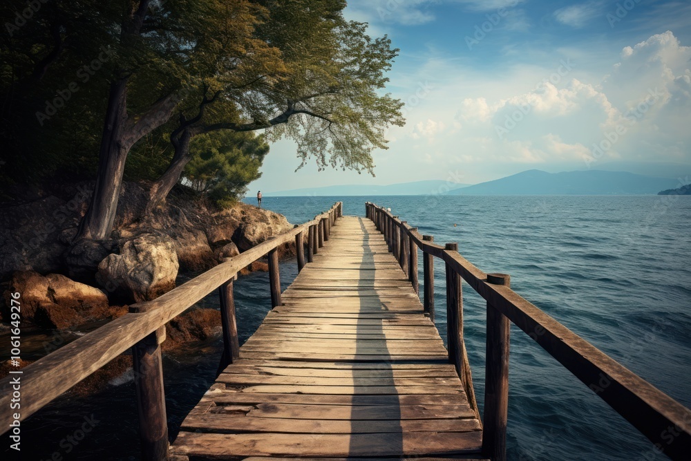 Fototapeta premium Bridge wood boardwalk outdoors.