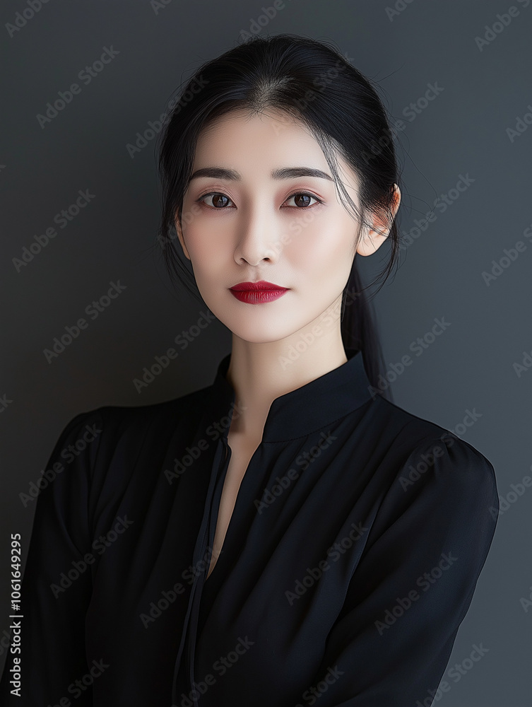 Portrait of Woman with Red Lipstick in Black Blouse Portrait of Woman with Red Lipstick in Black Blouse