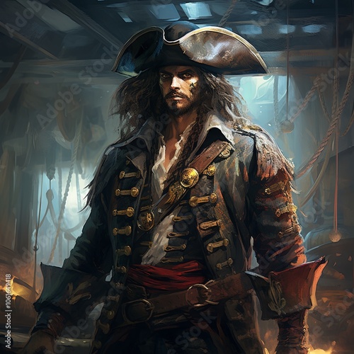 A pirate with a black hat, brown hair, and a beard. He is wearing a blue coat with gold buttons and a white shirt. He has a sword in his hand and is standing in a dark room.