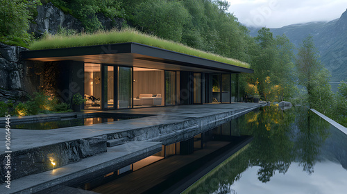 Modern house with green roof and infinity pool overlooking a valley.