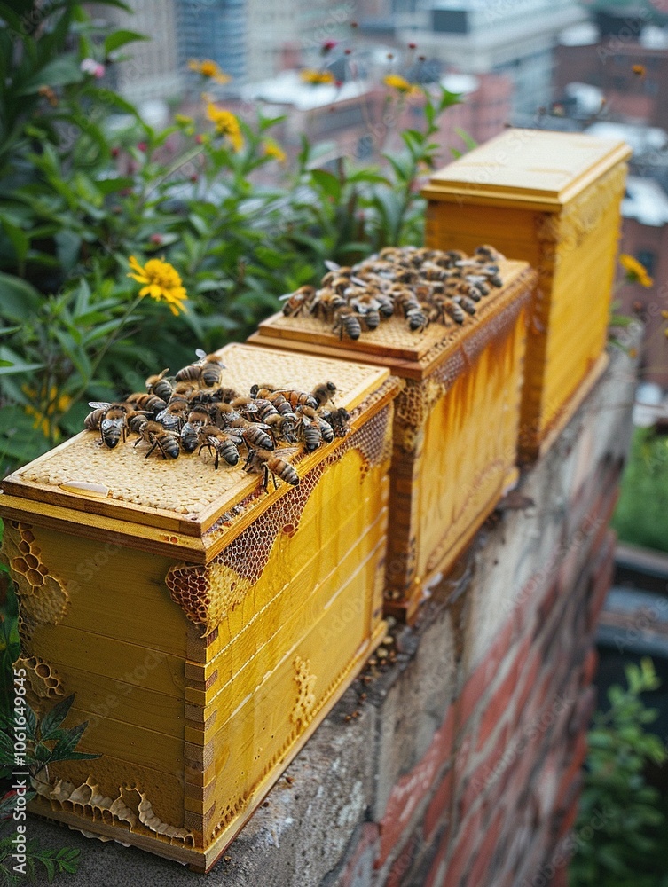 Three beehives with bees on top, set against a city backdrop, highlighting urban beekeeping. Three beehives with bees on top, set against a city backdrop, highlighting urban beekeeping.