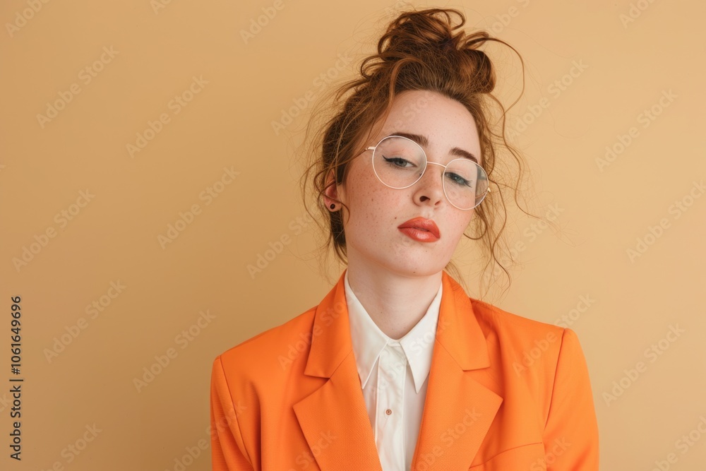 A woman wearing an orange jacket and glasses, possibly on her way to work or running errands A woman wearing an orange jacket and glasses, possibly on her way to work or running errands