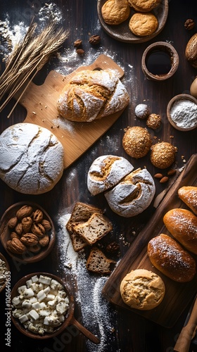 Artisan bread and baked goods arranged on a rustic wooden table.