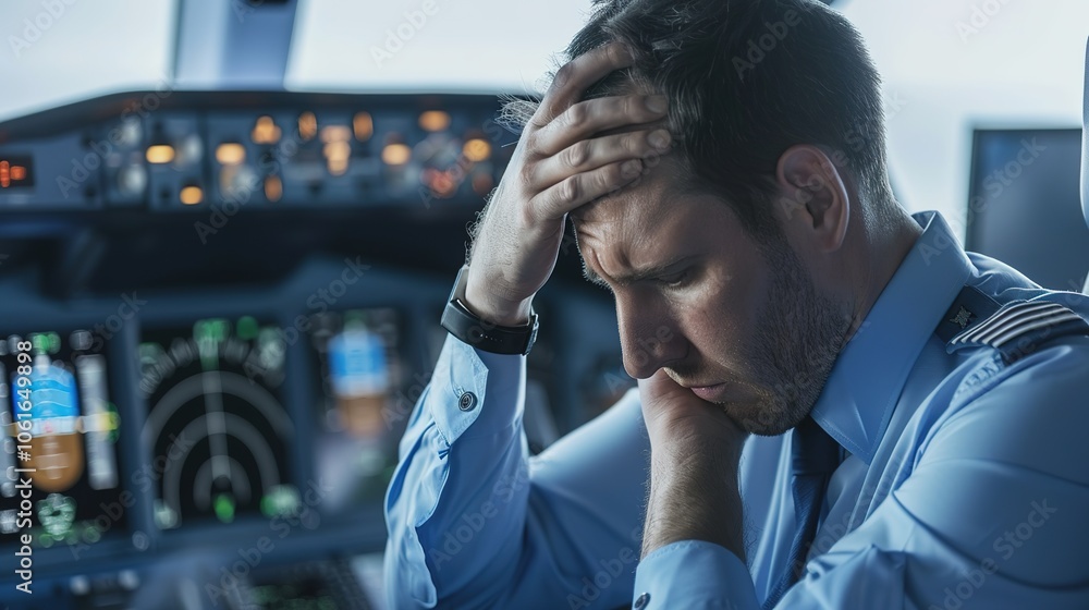 Pilot sitting in cockpit, looking frustrated and holding head, surrounded by flight instruments and control panels, capturing stress and responsibility in aviation, pilot error concept. Pilot sitting in cockpit, looking frustrated and holding head, surrounded by flight instruments and control panels, capturing stress and responsibility in aviation, pilot error concept.