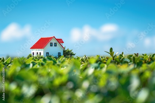 A small white house with a bright red roof situated in a green field photo