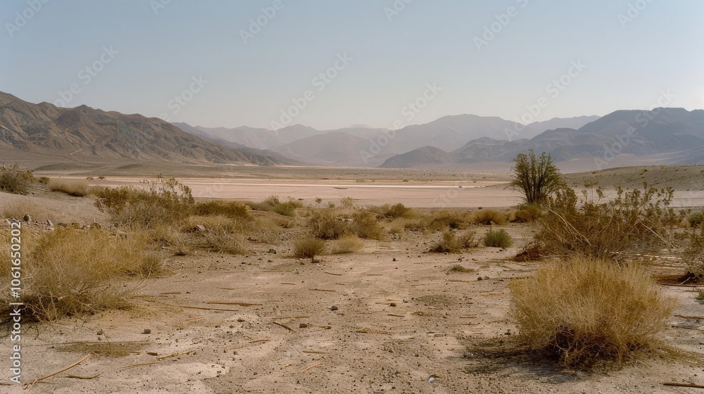 Fototapeta premium A vast desert plain stretches toward distant mountain ranges under a clear blue sky, evoking a sense of isolation.