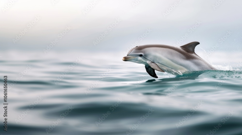 Obraz premium A dolphin glides through calm ocean waters under a bright sky, embodying grace and vitality in a harmonious sea environment.
