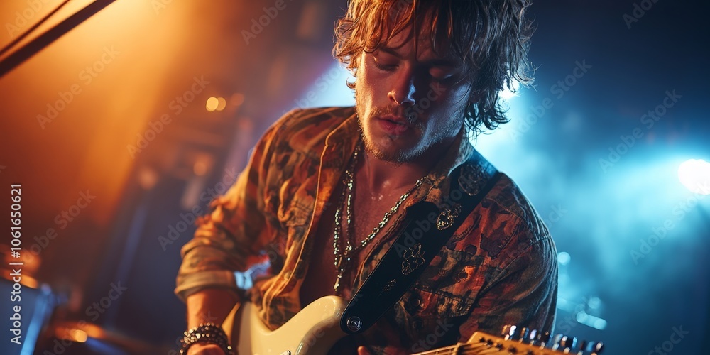 Obraz premium Rock guitarist performing on stage with lights and energy