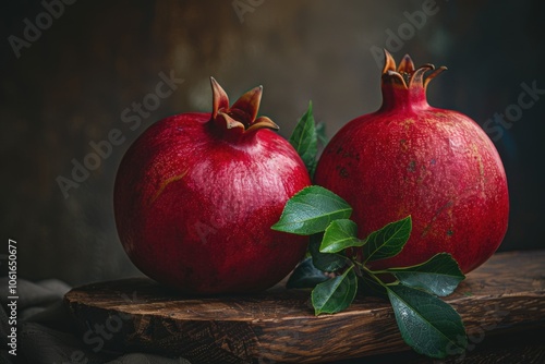 Two pomegranates with leaves on a wooden board, ideal for food or still life photography