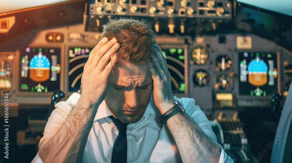 Pilot sitting in cockpit, looking frustrated and holding head, surrounded by flight instruments and control panels, capturing stress and responsibility in aviation, pilot error concept. Pilot sitting in cockpit, looking frustrated and holding head, surrounded by flight instruments and control panels, capturing stress and responsibility in aviation, pilot error concept.