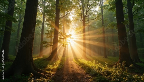 The bright sun is beautifully shining through the tall trees in the serene forest, creating a peaceful and vibrant atmosphere