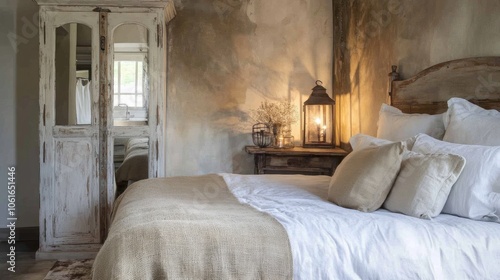 Rustic Bedroom with White Linen Bedding and Antique Lantern.