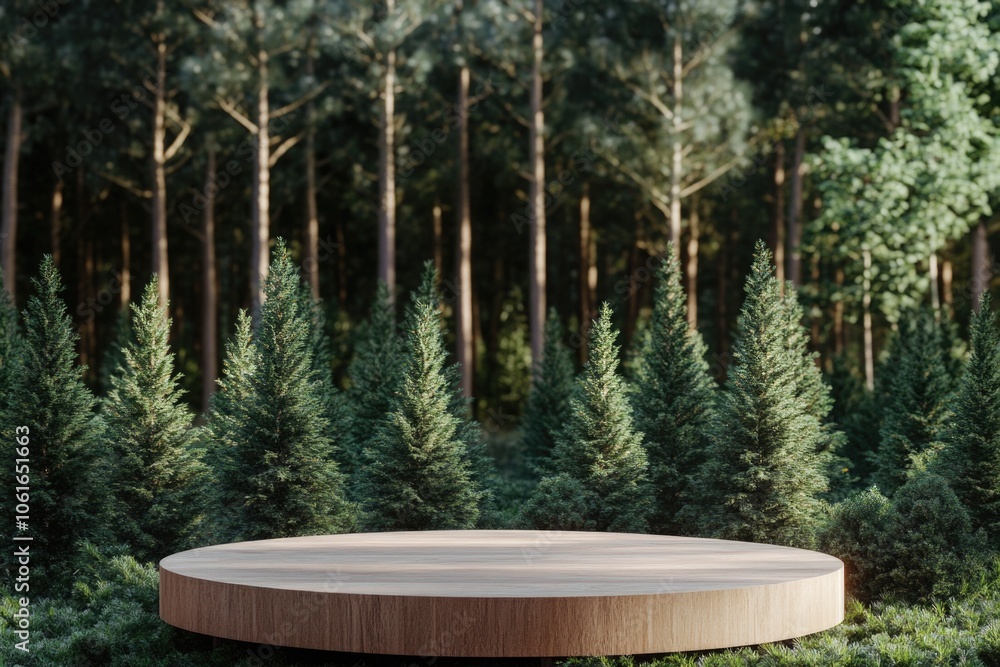 A wooden table surrounded by trees and foliage in a serene forest setting A wooden table surrounded by trees and foliage in a serene forest setting