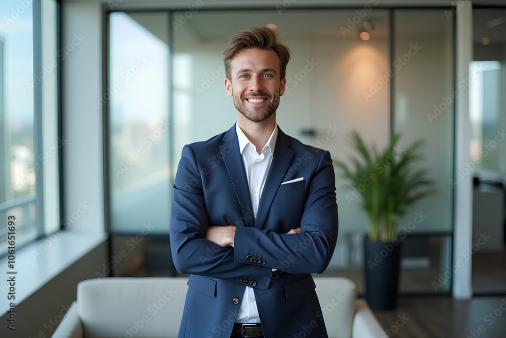 Smiling confident young businessman looking at camera standing in office. Elegant stylish corporate leader successful ceo executive manager. Smiling confident young businessman looking at camera standing in office. Elegant stylish corporate leader successful ceo executive manager.