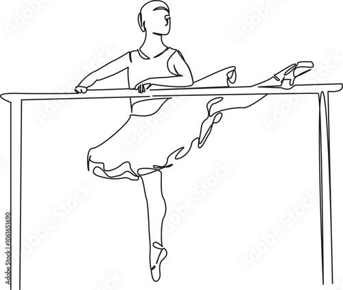 One continuous single drawing line art flat doodle ballet, person, ballet dancer, grace, indoor, practicing, dancer, flexibility, barre. Isolated image hand draw contour on a white background