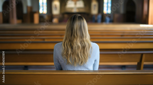 Reverent woman sitting church, contemplative alone christian back view, devout serene pensive thoughtful peaceful, spiritual sacred, tranquil devotional faithful photo