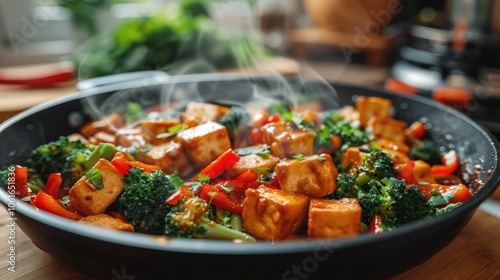 Sizzling Tofu and Broccoli Stir Fry in a Pan with Steam and Vibrant Colours A Healthy Delicious and Eco Friendly Homemade Meal Concept for Culinary Lifestyle and Wellness Themes