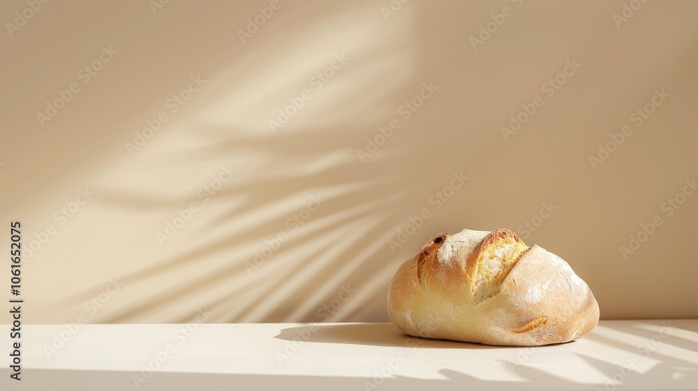 A loaf of bread rests in warm sunlight, casting dramatic shadows and emphasizing its golden crust and artisanal charm. A loaf of bread rests in warm sunlight, casting dramatic shadows and emphasizing its golden crust and artisanal charm.