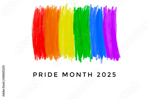 Drawing of rainbow colours with texts 'Pride Month 2025', concept for LGBTQ+ community celebrations in pride month around the world