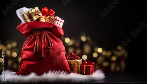 Saco rojo de Santa Claus lleno de regalos con un fondo negro con reflejos dorados photo