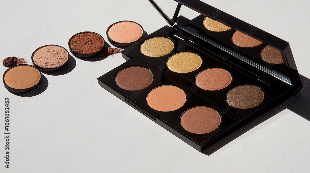 Sleek Eyeshadow Palette with Neutral and Warm Tones on Minimalistic Background Sleek Eyeshadow Palette with Neutral and Warm Tones on Minimalistic Background