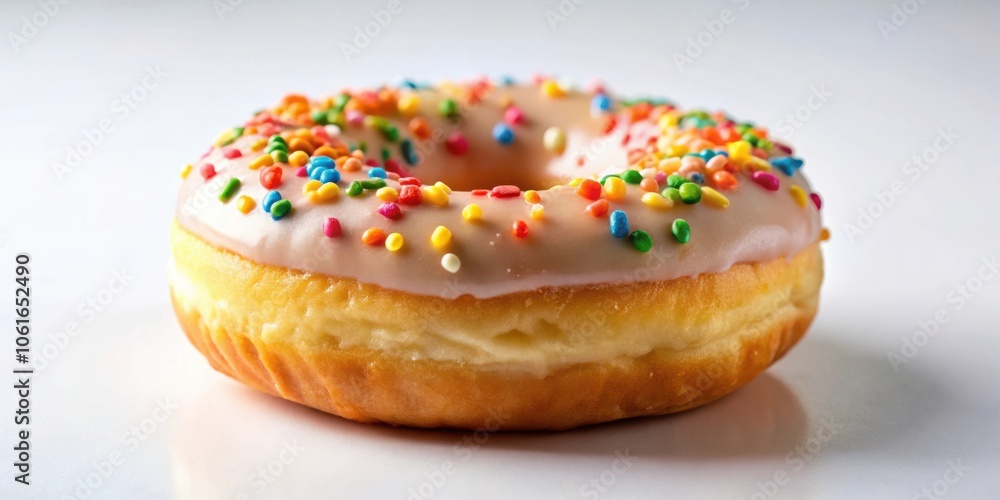A close-up of a frosted donut sprinkled with colorful candy pieces against a white backdrop A close-up of a frosted donut sprinkled with colorful candy pieces against a white backdrop