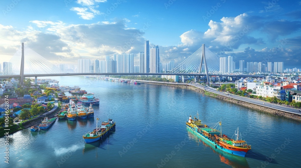 Obraz premium Modern City Skyline with Bridge and River.