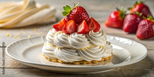 A delicate dessert featuring whipped cream, a meringue base, and fresh strawberries, beautifully presented on a white plate. photo