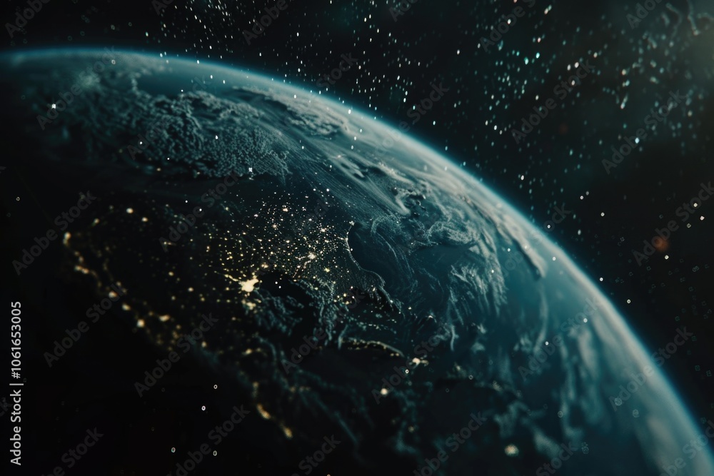 Obraz premium A view of the Earth from space at night, showing the stars and city lights