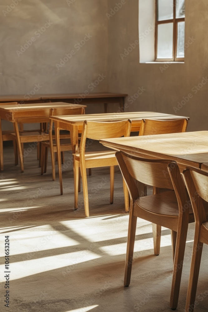 A collection of wooden tables and chairs in a cozy room setting, ideal for use in interior design or home decor A collection of wooden tables and chairs in a cozy room setting, ideal for use in interior design or home decor