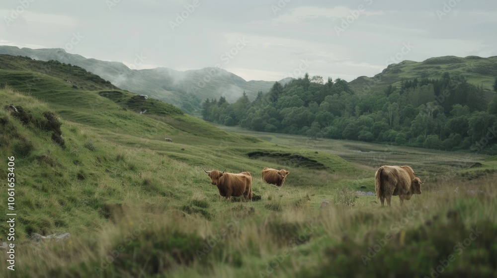 Majestic highland cows graze in the mist-covered, luscious valley, surrounded by rolling hills and dense forest, evoking a scene of natural splendor. Majestic highland cows graze in the mist-covered, luscious valley, surrounded by rolling hills and dense forest, evoking a scene of natural splendor.