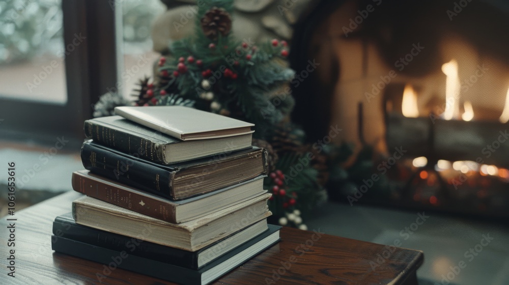 Cozy stack of books by a roaring fireplace, surrounded by festive decorations, exuding warmth and a perfect winter reading ambiance. Cozy stack of books by a roaring fireplace, surrounded by festive decorations, exuding warmth and a perfect winter reading ambiance.